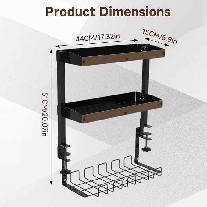 Clamp on Desk Shelf,17'' 2 Tier Office Desk Shelves Organizer with Under-Desk Hidden Storage Basket,Wood Desktop Supplies Storage Rack for Home Workspace, Study Rooms,Gaming Devices (Black)