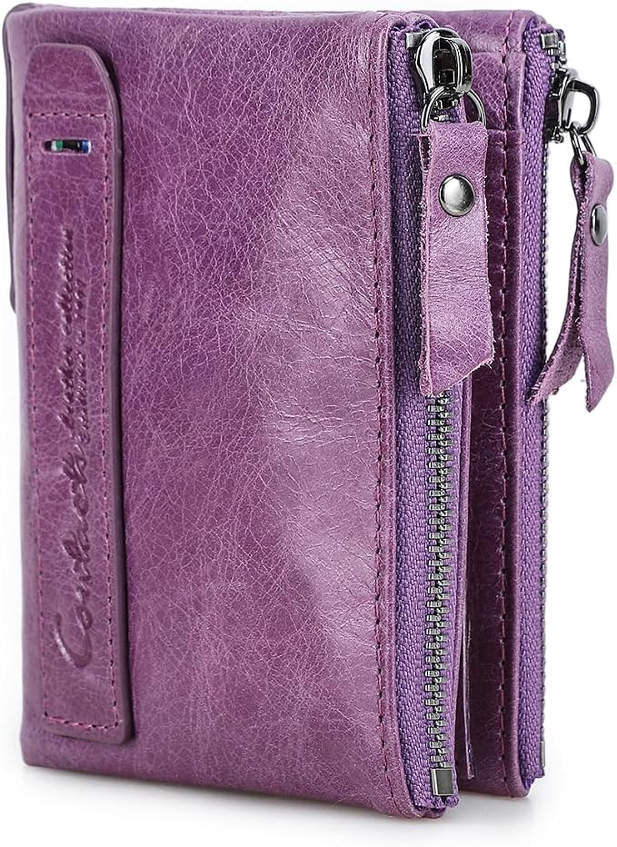 CONTACTS Soft Leather Wallet for Women Small Bifold Coin Purse Double Zipper Card Holder with RFID Blocking (Purple)