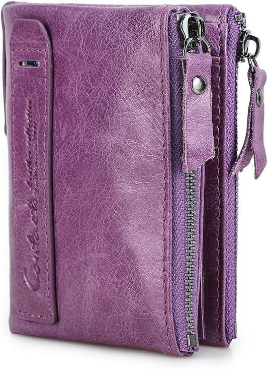 CONTACTS Soft Leather Wallet for Women Small Bifold Coin Purse Double Zipper Card Holder with RFID Blocking (Purple)