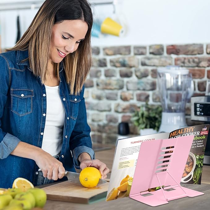 Honagu Book Stand Metal Desk Book Holder, Book Holders for Reading Hands Free, Adjustable Cookbook Documents Holder, Portable Bookstand for Music Books, Textbook, Recipe, Tablet, Ipad (Light Pink)