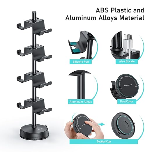 MANMUVIMO Headphone Controller Storage Holder for Desk 4 Tiers with Anti-Slip Stable Suction Cup, Controller Holder, Universal Gaming Desk Accessories for PS5/PS4/Xbox Series/Xbox One