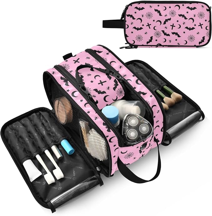 MNSRUU Travel Makeup Bag,Pink Goth with Bats Makeup Bag Large Capacity Portable Travel Toiletries Bag for Travel Size Cosmetic Bag Organizer, Women Toiletry Makeup Bag Organizer