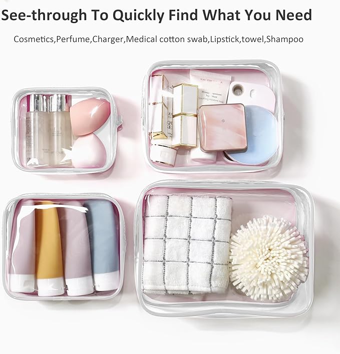 4 Pack Clear Makeup Bags, TSA Approved Toiletry Bag Car Organizer Travel Cosmetic Case Portable Travel Essentials Bags for Toiletries Clear Summer Beach Bag Carry on Airport Airline Compliant Bag