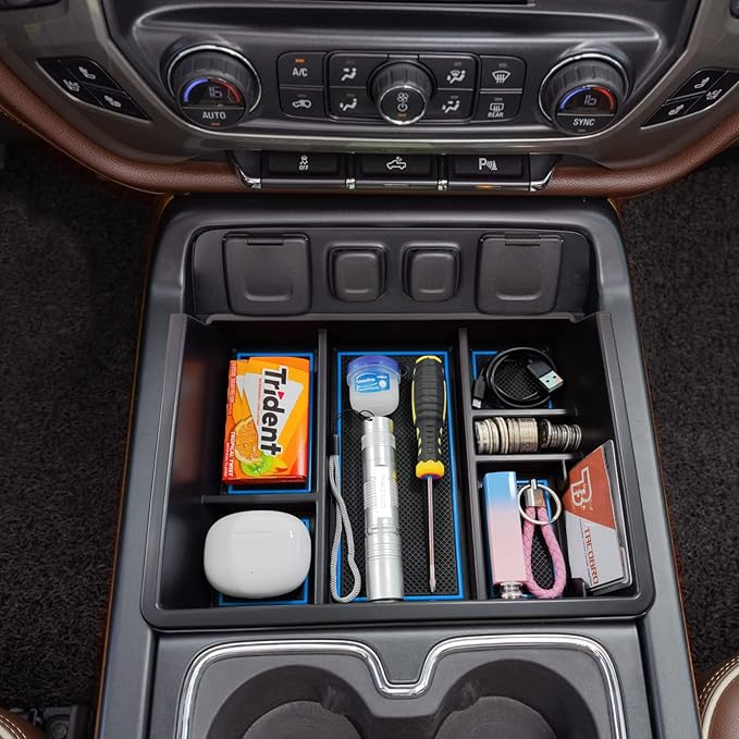 TACOBRO Full Center Console Organizer Compatible with 2014-2018 Sierra 1500 /Silverado 1500 Accessories 2015-2019 Silverado/Sierra 2500 3500HD Compartment Cover Insert Tray Storage, Blue