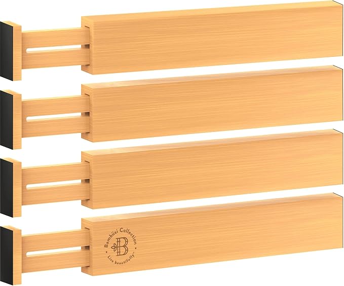Kitchen Drawer Organizer - 4 Pack Bamboo Drawer Dividers 2.6 in High, Adjustable 16 to 22 in Expandable Spring Loaded Dividers with Non Slip Foam for Utensils, Clothes, Bathroom, Office, Dresser