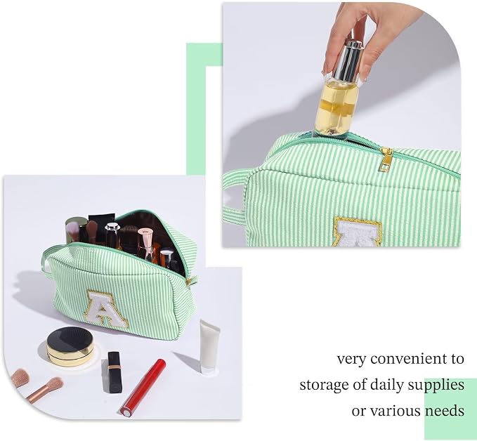 YOOLIFE Initial Cosmetic Bag for Women - Monogram Cute Makeup Bag Cosmetic Case Toiletry Pouch for Women Her Best Friend Sister Teacher, Personalized Birthday Gifts for Women, Light Green I