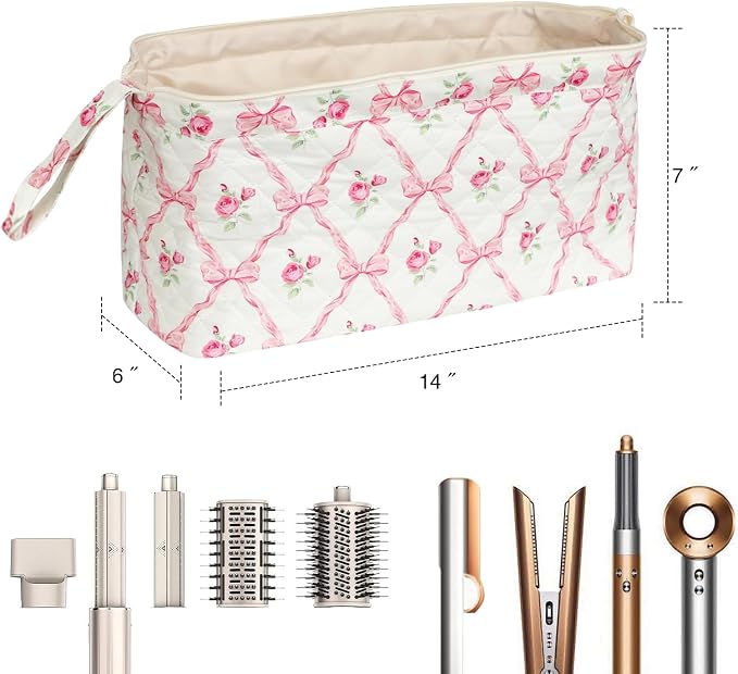 Stratalife Quilted Hair Tools Travel Bag with Polishing Cloth Compatible with Dyson Airwrap Shark Flex Style, Portable Bow Toiletry Bag Hair Dryer Curling Iron Carrying Case Travel Essentials White