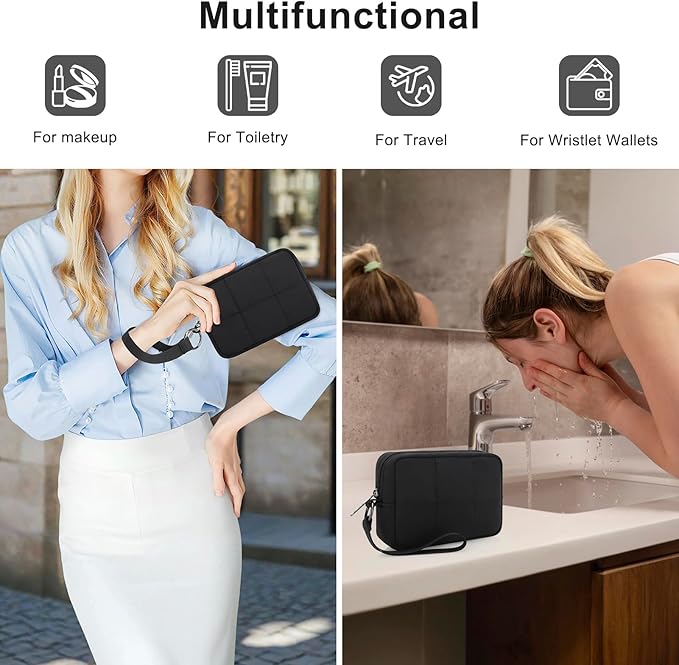 Small Zipper Puffer Makeup Bag for Wristlet Wallets, Quilted Nylon Cosmetic Pouch Organizer Toiletry Bag for Travel, Cute Make Up Bags Purse for Women Girl, Black
