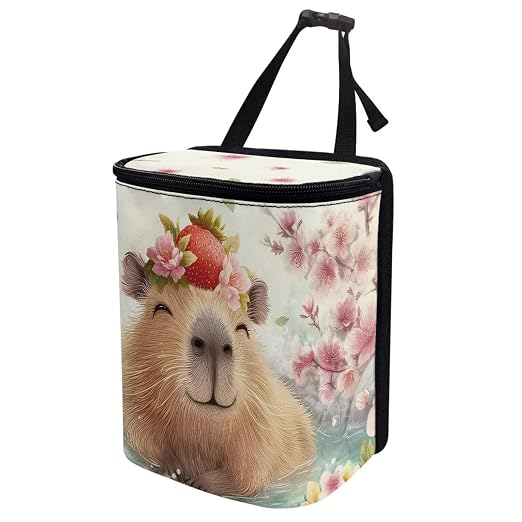 Biyejit Capybara Flowers Cute Car Trash Can with Lid – Multipurpose Collapsible Trash Bin for Car, Leak-Proof Organizer, Waterproof Garbage Can with Storage Pockets & Adjustable Straps