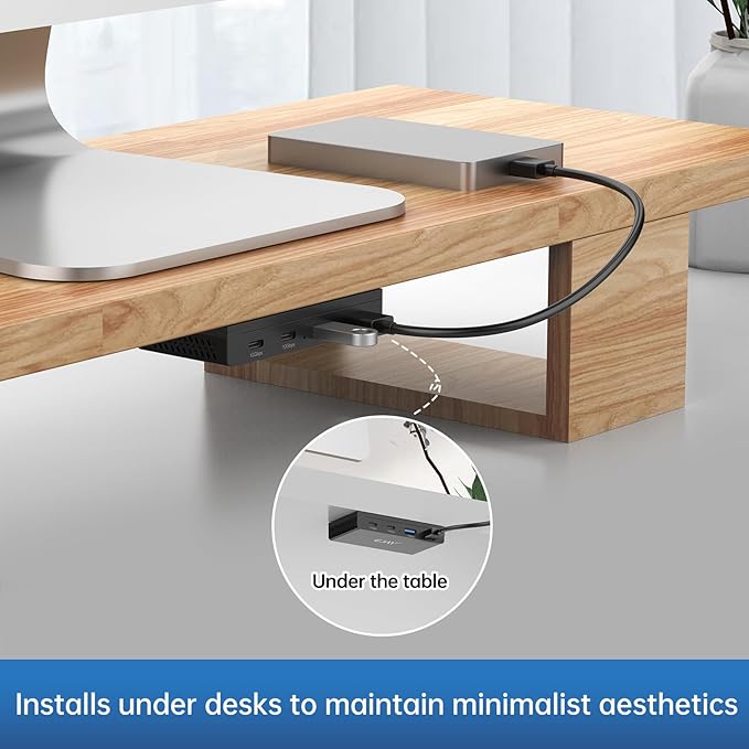 EJAY 10Gbps Magnetic USB-C Hub, 4-Port USB 3.2 Gen2 Aluminum Splitter, Desk Mounted with Extra Long 47" Cable, Anti-Slip Under Desk Hub for MacBook, Surface, Dell, Black