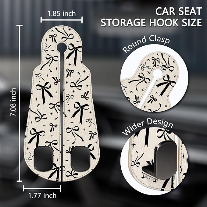 Blusabaca 2PCS Car Hooks for Purses Bags, Cute Black Ribbon Bow Seat Back Storage Headrest Holder Hanger PU Leather Double Metal Backseat Organizer, Women Car Accessories Organization