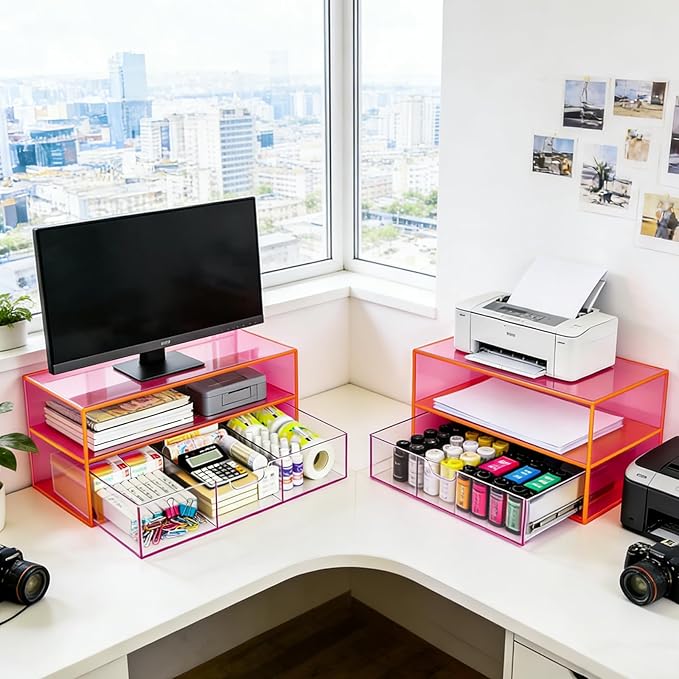 Gelite Acrylic Computer Monitor Stand for Desk Monitor Riser with Drawer Desktop Monitor Shelf with Storage, Neon Pink