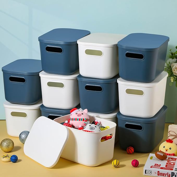 Thyle 12 Pack Blue White Plastic Storage Bins with Lids, Back to School Stackable Storage Container with Handle Label for Organizing Toy Craft for Classroom Shelf Bedroom Office 10 x 7 x 6 Inch