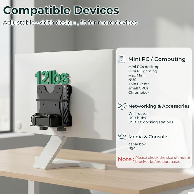 Yimaut Adjustable Mini PC Vesa Mount Bracket Behind Monitor, Under Desk, Attached to Monitor Arm, Wall or Stand Pole for HP, Dell, KAMRUI, Mac Mini, GMKtec, Cable Boxes, Wi-Fi Routers and Small CPUs