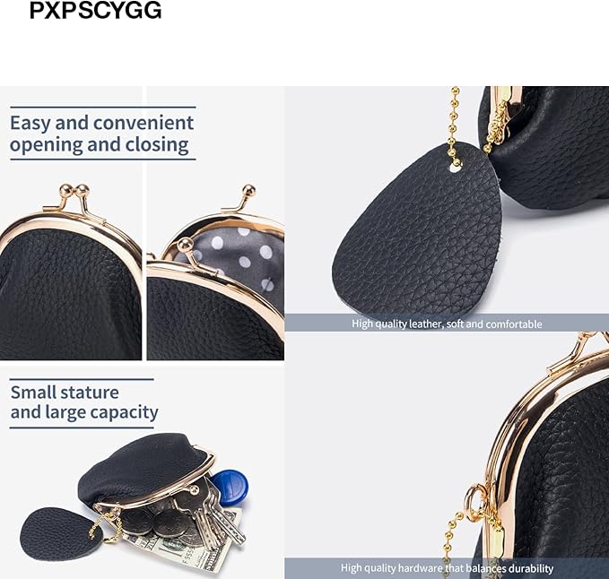Women's Small Coin Purse, Vintage Leather Change Purse, Coin Bag with Kiss Lock, Mini Coin Purse for Women (Black)