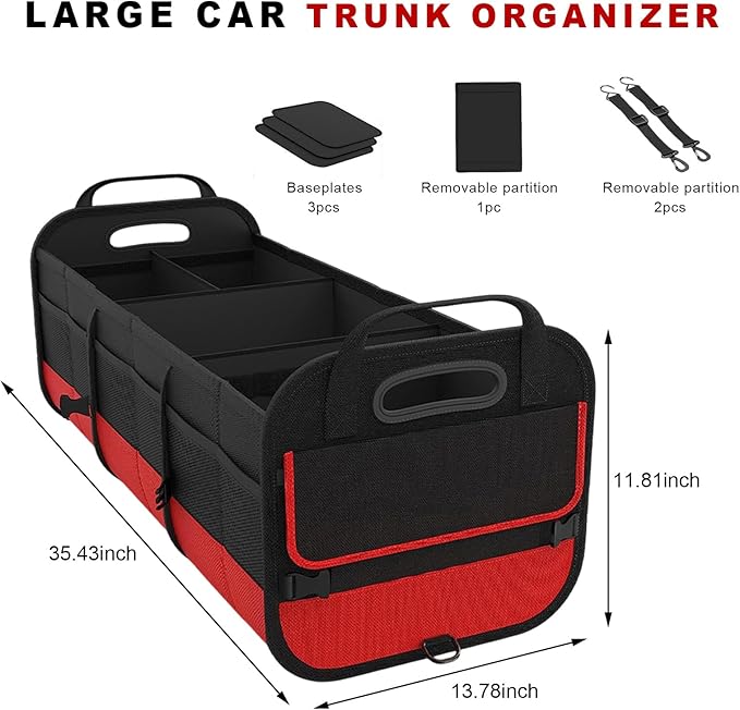 Car Trunk Organizer, Large Capacity Collapsible Cargo Organizer with Adjustable Straps Reinforced Handles, Multi-Compartment Trunk Storage Box for Car Truck SUV Sedan (Black & Red)