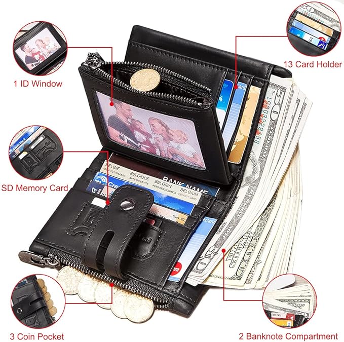 Mens Wallet with Chain Genuine Leather Purse RFID Blocking Bifold Double Zipper Coin Pocket with Anti-Theft Chain