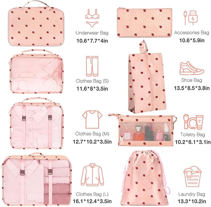 8 Set Packing Cubes for Suitcases,Packing Cube with Shoe, Cosmetics, Clothing, and Accessories Bags Packing Cubes for Travel Luggage Organizer Women Men(Pink Small Strawberry)
