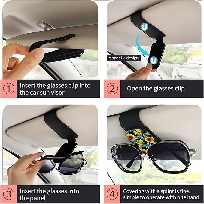 Sunglasses Holder for Car Visor, PU Leather Glasses Clip Organizer, Cute Magnetic Eyeglass Holder for Vehicle Sun Visor, Car Interior Accessory for Women & Men Sunflower Butterfly Field