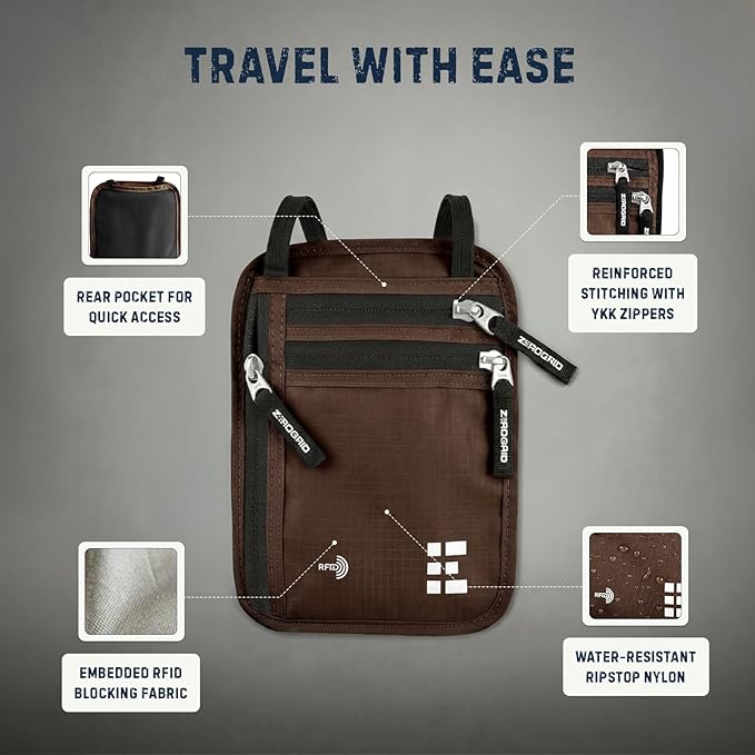 Neck Wallet for Travel & Passport Holder with RFID Blocking - Slim & Easy to Conceal Nylon Travel Pouch for men & women - Holds Phone, Cash, Cards, Keys - Sweat & Water Resistant - Large - Brown