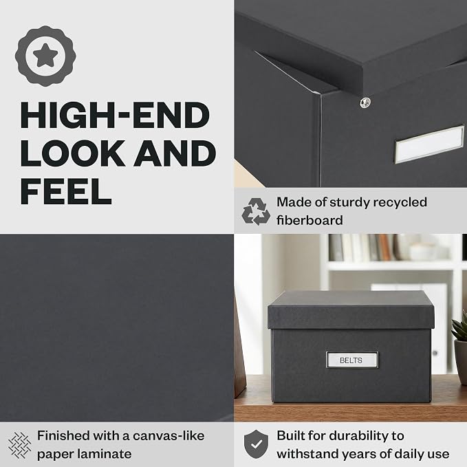 Bigso Box of Sweden Karin Collapsible Storage Box with Labelframe for Easy Identification - Simple Assembly Without Tools - Decorative Storage Boxes with Lids - 8.9in x 12.4in x 5.4in - Dark Gray