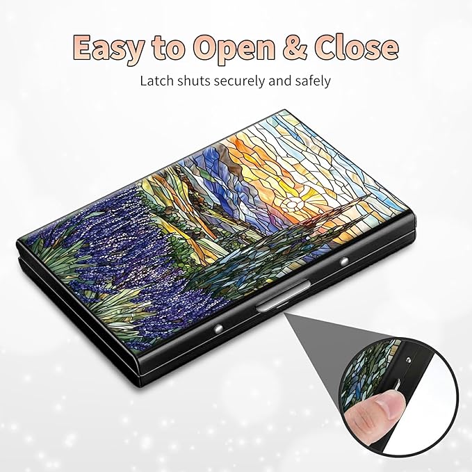Slim Credit Card Holder, Stained Glass Lavender RFID Blocking Metal Wallet for Men & Women, Aluminum Minimalist Hard Case Pocket-Sized Business Cards Organizer (Fits Up to 10 Cards)