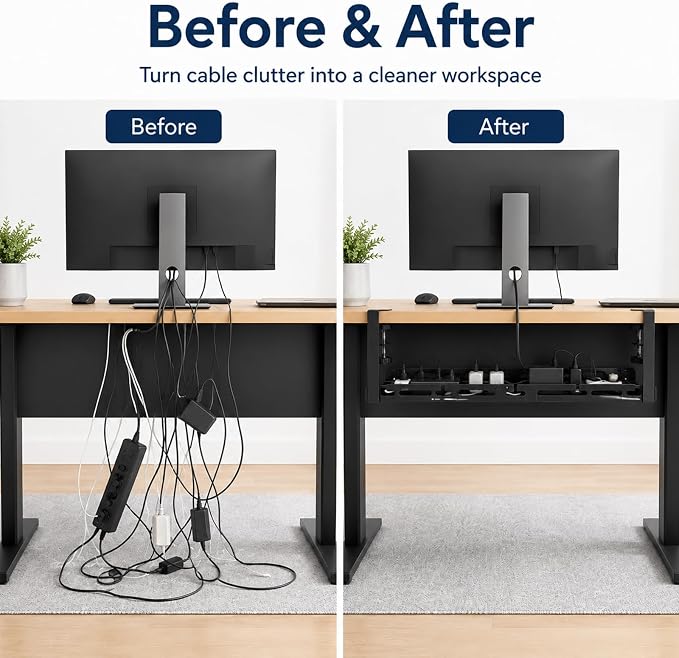 No Drill Under Desk Cable Management Tray, Adjustable 17.6"-27.4" Clamp-On Metal Cable Tray for Power Strip, Under Desk Cord Organizer and Wire Management Holder for Standing Desk, Gaming Desk, Office