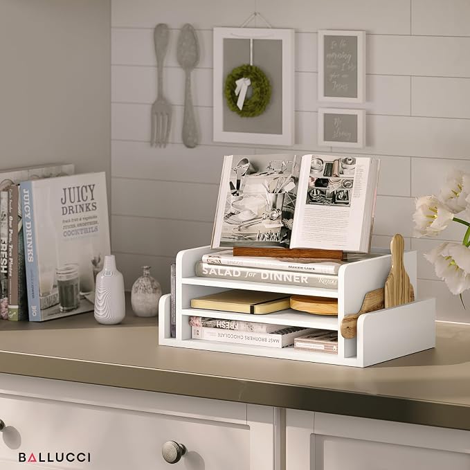 Ballucci 3-Tier Desk Organizer with 2 Side Mail Sorter Slots, Wood Letter Tray, Open Top Paper Organizer, Desktop File Organizer, White