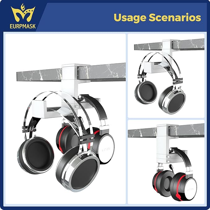 Dual Headphone Stand Holder - EURPMASK 2 in 1 PC Gaming Headset Hooks, 360 Degree Rotating Headphone Hanger with Adjustable Clamp & Cable Clip Organizer, Headset Mount Under Desk Earphone Clamp-White