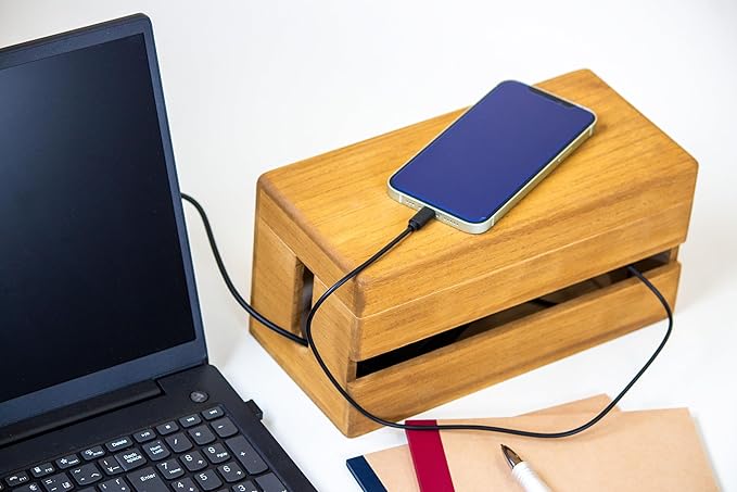 Masuda Paulownia Wood Cable Management Box – Handmade Wooden Cord Organizer for Power Strips, Routers, Chargers – Eco-Friendly Desktop Cable Storage – Made in Japan (Brown, Small)