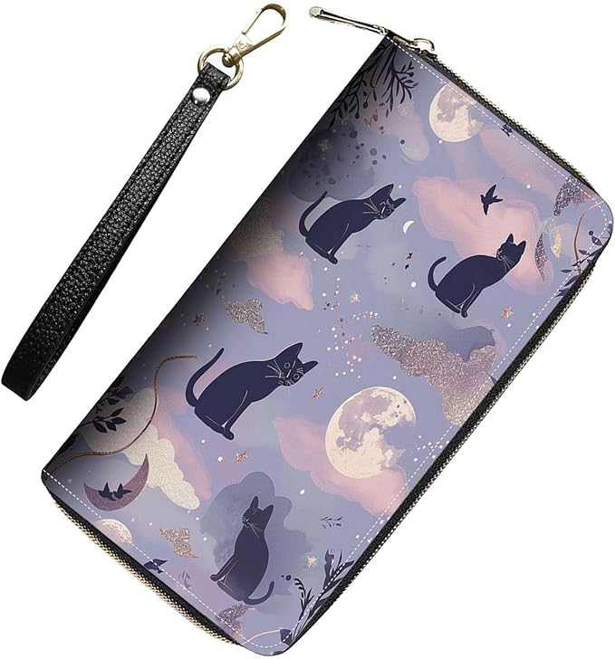 Womens Wallet,RFID Blocking Large Capacity Clutch,Zip Around Leather Purse with 8 Card Slots,Bill Compartments Coin Pocket - Cute Cat and Moon