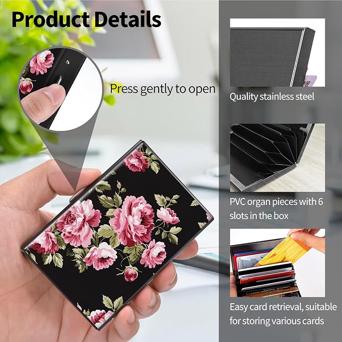 Metal Wallet, Credit Card Holder for Women Men Girls, RFID Blocking Aluminum Wallet Slim Hard Case, Mini Travel Wallet, ID Card Holder Business Card Case,Flower Floral