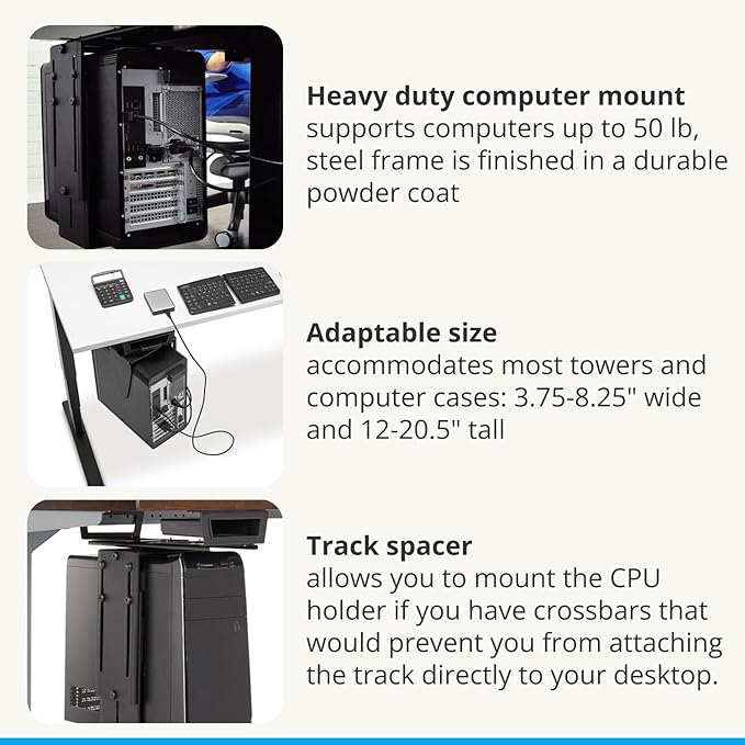 UPLIFTDESK Under Desk PC Mount with Track Spacer ??Adjustable CPU Holder with 16" Slide-Out Track & 360° Swivel, 50 lb Capacity PC Holder, Fits Most Desktop Towers, Standing Desks with Crossbars
