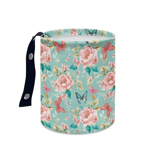 Pink Roses Butterflies Car Trash Bin Folding Vehicle Garbage Small Mini Front Back Seat Rubbish Basket with Strap Travel Garbage Organizer Bag Accessories, Keep Tidy Pink