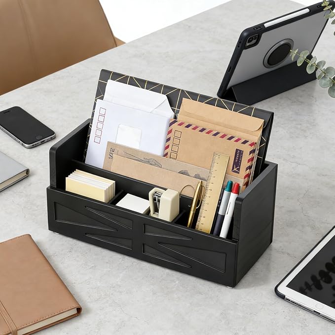 Mail Organizer Countertop, Wood Mail Holder Sorter for Desk, Rustic Bill Storage Organizer Box, Office Letter Basket for Document File Folder Paper Envelope (Black)