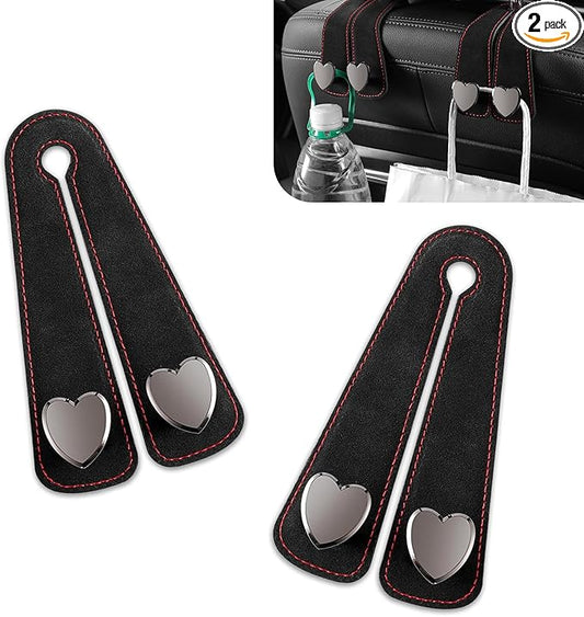 2 PCS Car Seat Hooks, Suede Heart-Shaped Double Hooks Headrest Organizer, Heavy-Duty Multi-Functional Auto Back Seat Phone Holder, Universal for Most Cars (Black)
