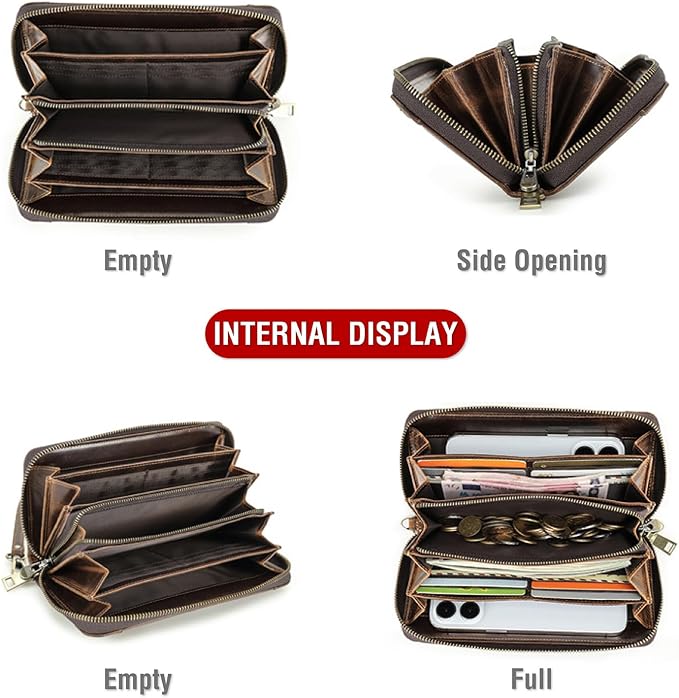 Top Grain Genuine Oiled Leather Clutch Wallet for Man & Woman, Handmade Vintage Design, Multi Pockets & Slots & Detachable Wristlets, RFID Large Capacity for Cards/Checks/Money/Passport, Red Coffee