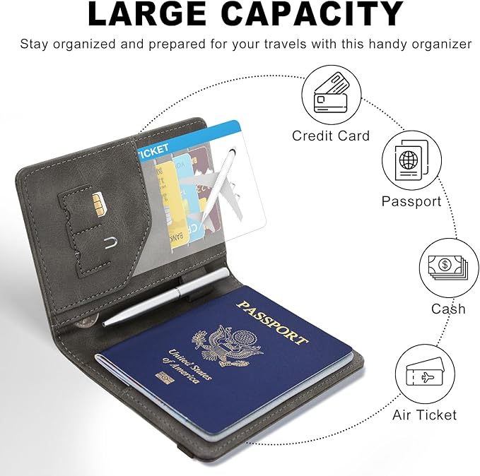 ACdream RFID BLOCKING Passport Holder Travel Wallet, Premium PU Leather Cover Passport Book with Card Holder, Pen Holder, Keep Organization, and Travel Essentials for Women and Men, Grey