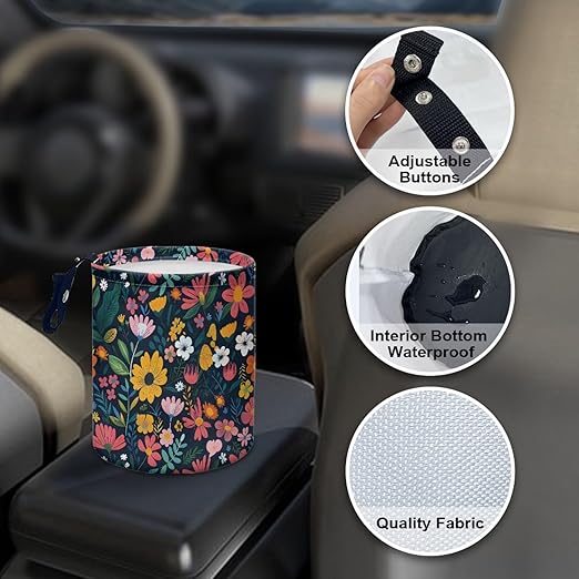 Colorful Flowers Car Garbage Trash Can Collapsible Trash Rubbish Bin Basket Bag Portable Cup Holder Organizer with Strap Universal Storage Bag Box for Front Seat, Back Seat, Headrest