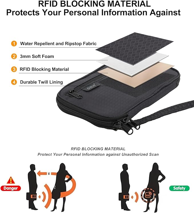 GOX Passport Holder for Travel Family RFID Neck Wallet for Traveling Women Travel Pouch for Passport and Documents with RFID Waterproof Zipper Passport Case (Black)
