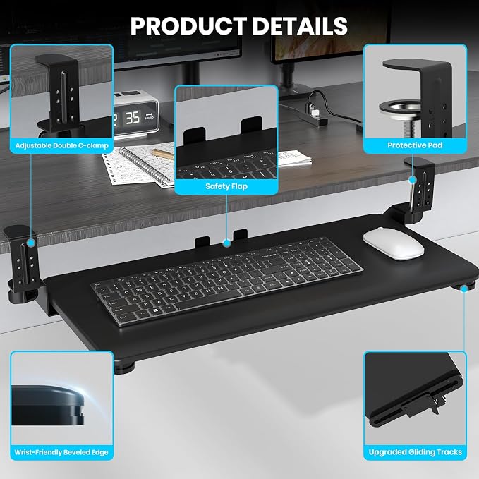 Keyboard Tray Under Desk, Pull Out Keyboard & Mouse Tray with Adjustable C-clamp, 25.6(31.5 Including Clamps) x 11.8 Inch Slide Out Computer Keyboard Drawer Mouse Tray for Typing, Black