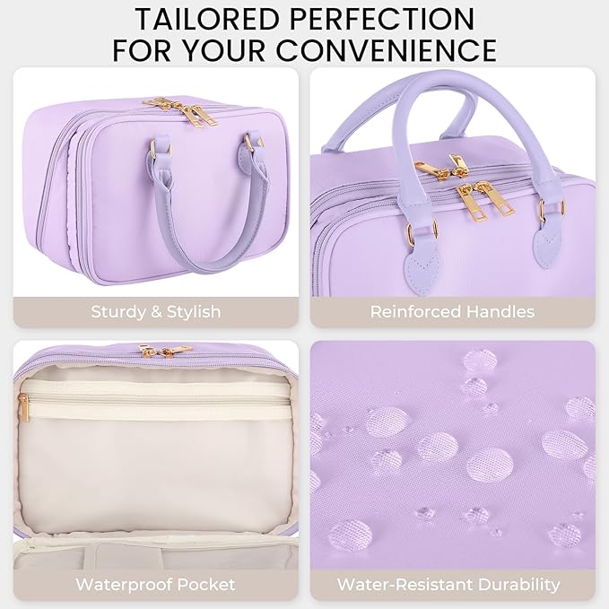 Travel Makeup Bag for Women Fashion Large Capacity Pouch Open Flat Cosmetic Portable Organizer Waterproof Large Opening Storage Toiletry Bags Vertical Free-Standing Brush Holder for Easy Access Purple