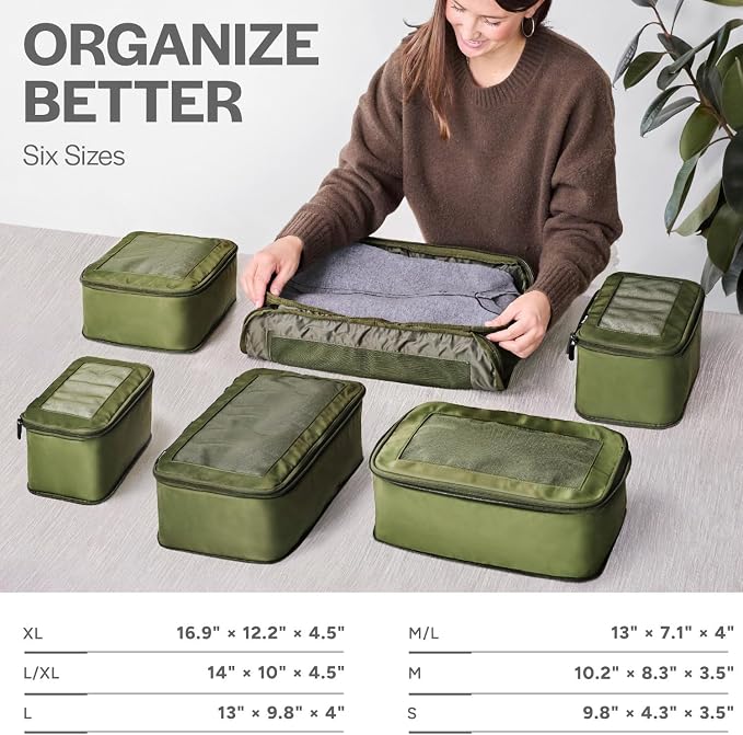 Aerotrunk Compression Packing Cubes for Travel - Luggage Organizer Bags - Double Zipper Packing Cubes for Suitcases (12-Pack, Olive)