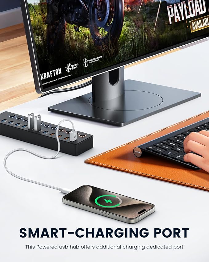 Powered USB hub,USB hub，11-Port hub Splitter (7 USB 3.0 Data Transfer Ports + 4 Smart Charging Port), Independent Switch (with LED Working Indicator) USB 3.0 Hub Powered with Power Adapter for Mac/PC