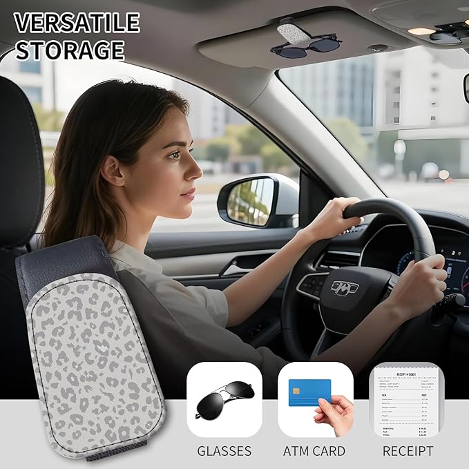 Sunglasses Holder for Car Visor, PU Leather Glasses Clip Organizer, Cute Magnetic Eyeglass Holder for Vehicle Sun Visor, Car Interior Accessory for Women & Men Snow Leopard Gray