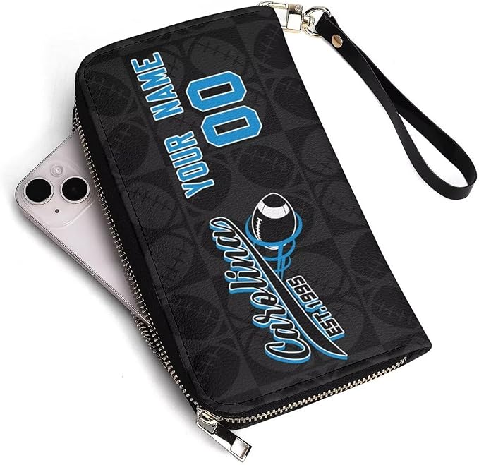 Custom Sports Team Zip Organizer Wallet-Personalized PU Leather Wallet with Name Number,Multi-Card Slots,Wrist Strap,Fan Gift for Men Women.