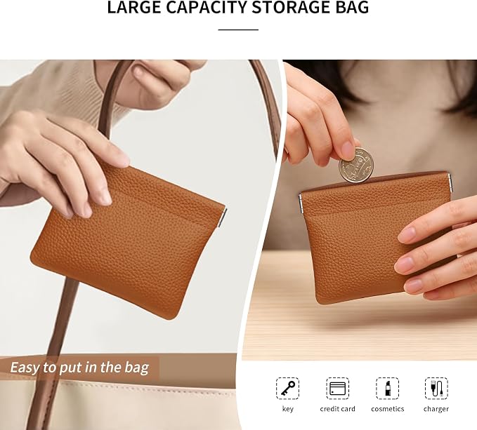 Genuine Leather Squeeze Coin Purse Pouch Change Holder For Men & Women Mini Change Purse Pouch for Pocket, Small Pouch Credit Card Key Headset Lipstick Holder (Brown)