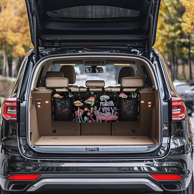 Mushroom Skeleton Car Seat Organizer Bakseat with Storage Pockets, Backseat Car Organizer with 4 Compartment, Collapsible Cargo Bag for SUV, Truck, MPV,Van