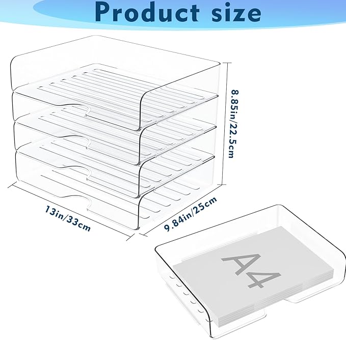 Paper Organizer Letter Tray, 4 Pack Acrylic Stackable Desk File Organizer,Versatile Clear Office Organizer for File Paper, Ipad, Letter, A4 Office File, Books, Notes, Etc