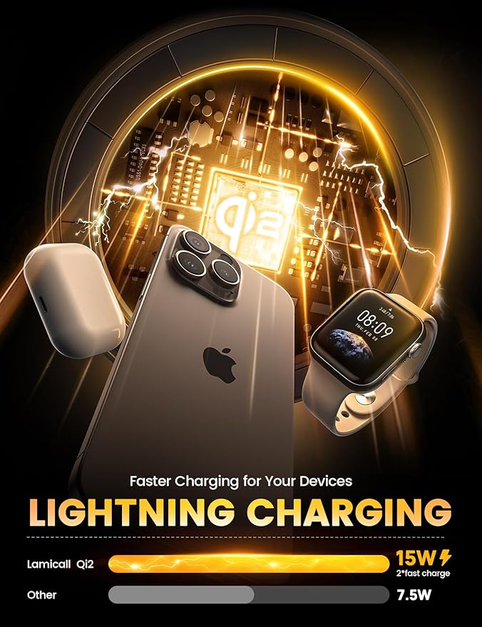 Lamicall 4-in-1 Qi2 Certified Wireless Charging Station for Magsafe, [LED Night Light] 15W Fast Magnetic Charger Stand Gifts, Compatible for iPhone 17 16 15 14 13 Series, Watch, Air pods, 30W Adapter